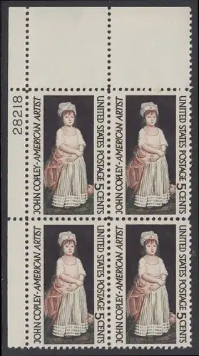 USA Michel 0889 / Scott 1273 postfrisch PLATEBLOCK ECKRAND oben links m/Platten-# 28218 - John Singleton Copley, Maler