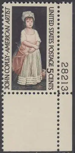 USA Michel 0889 / Scott 1273 postfrisch EINZELMARKE ECKRAND unten rechts m/Platten-# 28213 - John Singleton Copley, Maler