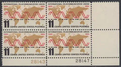 USA Michel 0890 / Scott 1274 postfrisch PLATEBLOCK ECKRAND unten rechts m/Platten-# 28147 - Internationale Fernmeldeunion (ITU): Radiowellen und Morsezeichen („ITU“) vor Weltkarte