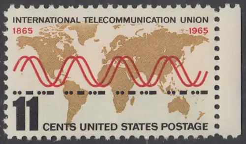USA Michel 0890 / Scott 1274 postfrisch EINZELMARKE RAND rechts - Internationale Fernmeldeunion (ITU): Radiowellen und Morsezeichen („ITU“) vor Weltkarte
