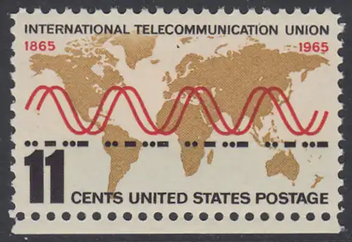 USA Michel 0890 / Scott 1274 postfrisch EINZELMARKE RAND unten - Internationale Fernmeldeunion (ITU): Radiowellen und Morsezeichen („ITU“) vor Weltkarte