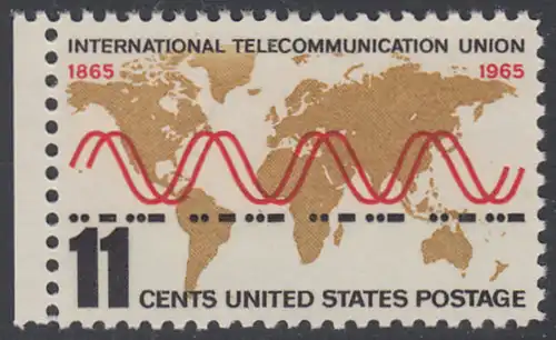 USA Michel 0890 / Scott 1274 postfrisch EINZELMARKE RAND links - Internationale Fernmeldeunion (ITU): Radiowellen und Morsezeichen („ITU“) vor Weltkarte