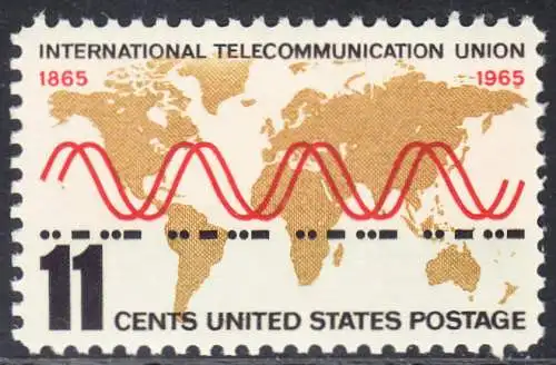 USA Michel 0890 / Scott 1274 postfrisch EINZELMARKE (a1) - Internationale Fernmeldeunion (ITU): Radiowellen und Morsezeichen („ITU“) vor Weltkarte