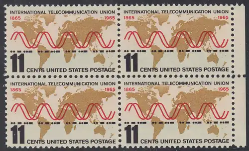 USA Michel 0890 / Scott 1274 postfrisch BLOCK RÄNDER rechts - Internationale Fernmeldeunion (ITU): Radiowellen und Morsezeichen („ITU“) vor Weltkarte