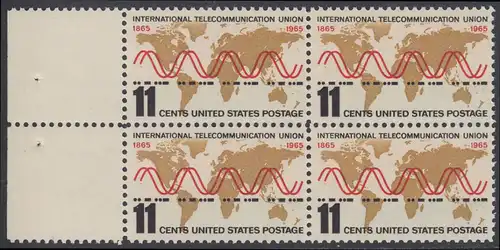 USA Michel 0890 / Scott 1274 postfrisch BLOCK RÄNDER links - Internationale Fernmeldeunion (ITU): Radiowellen und Morsezeichen („ITU“) vor Weltkarte