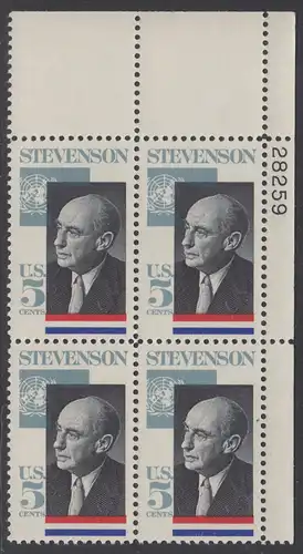 USA Michel 0891 / Scott 1275 postfrisch PLATEBLOCK ECKRAND oben rechts m/Platten-# 28259 - Adlai Ewing Stevenson, Politiker