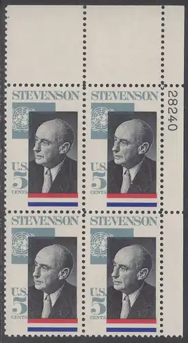 USA Michel 0891 / Scott 1275 postfrisch PLATEBLOCK ECKRAND oben rechts m/Platten-# 28240 - Adlai Ewing Stevenson, Politiker