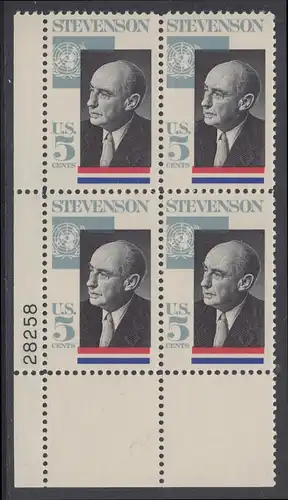 USA Michel 0891 / Scott 1275 postfrisch PLATEBLOCK ECKRAND unten links m/Platten-# 28258 (b) - Adlai Ewing Stevenson, Politiker