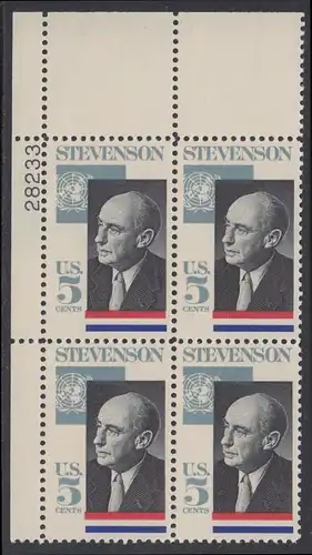 USA Michel 0891 / Scott 1275 postfrisch PLATEBLOCK ECKRAND oben links m/Platten-# 28232 - Adlai Ewing Stevenson, Politiker