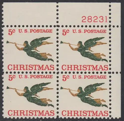 USA Michel 0892 / Scott 1276 postfrisch PLATEBLOCK ECKRAND oben rechts m/Platten-# 28231 - Weihnachten, Erzengel Gabriel