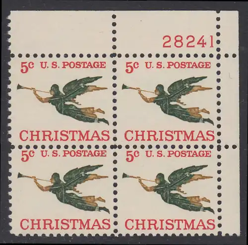 USA Michel 0892 / Scott 1276 postfrisch PLATEBLOCK ECKRAND oben rechts m/Platten-# 28241 - Weihnachten, Erzengel Gabriel