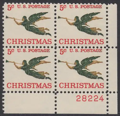 USA Michel 0892 / Scott 1276 postfrisch PLATEBLOCK ECKRAND unten rechts m/Platten-# 28224 - Weihnachten, Erzengel Gabriel