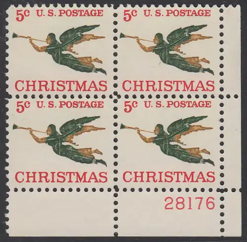 USA Michel 0892 / Scott 1276 postfrisch PLATEBLOCK ECKRAND unten rechts m/Platten-# 28176 - Weihnachten, Erzengel Gabriel