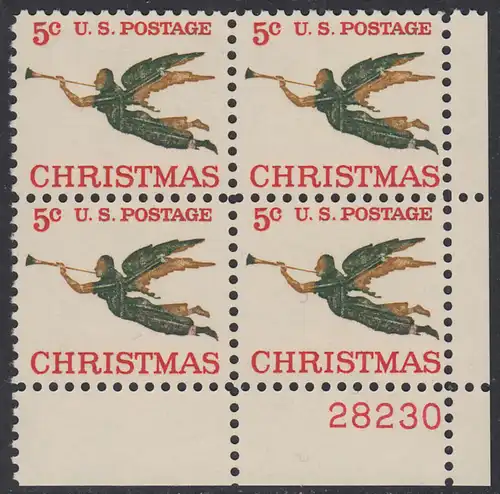 USA Michel 0892 / Scott 1276 postfrisch PLATEBLOCK ECKRAND unten rechts m/Platten-# 28230 (a) - Weihnachten, Erzengel Gabriel