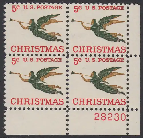 USA Michel 0892 / Scott 1276 postfrisch PLATEBLOCK ECKRAND unten rechts m/Platten-# 28230 (b) - Weihnachten, Erzengel Gabriel