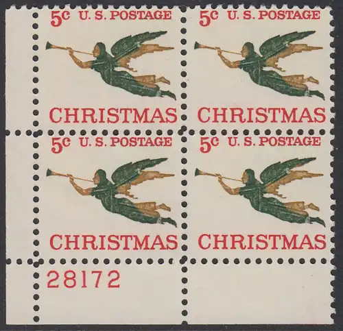 USA Michel 0892 / Scott 1276 postfrisch PLATEBLOCK ECKRAND unten links m/Platten-# 28172 - Weihnachten, Erzengel Gabriel