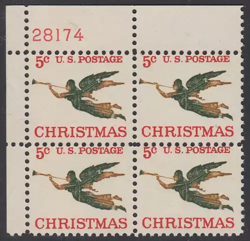 USA Michel 0892 / Scott 1276 postfrisch PLATEBLOCK ECKRAND oben links m/Platten-# 28174 - Weihnachten, Erzengel Gabriel