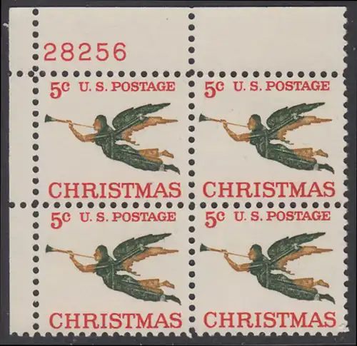 USA Michel 0892 / Scott 1276 postfrisch PLATEBLOCK ECKRAND oben links m/Platten-# 28256 - Weihnachten, Erzengel Gabriel