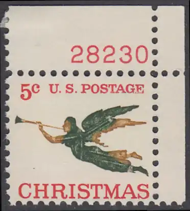 USA Michel 0892 / Scott 1276 mit Falzrest EINZELMARKE ECKRAND oben rechts m/Platten-# 28230 - Weihnachten, Erzengel Gabriel