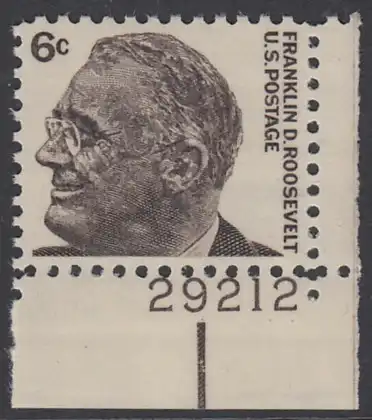 USA Michel 0894 / Scott 1284 postfrisch EINZELMARKE ECKRAND unten rechts m/Platten-# 29212 - Berühmte Amerikaner: Franklin Delano Roosevelt, 32. Präsident 