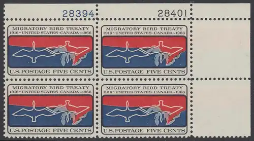 USA Michel 0897 / Scott 1306 postfrisch PLATEBLOCK ECKRAND oben rechts m/Platten-# 28401 - 50 Jahre Vertrag zwischen den USA und Kanada zum Schutz der Zugvögel