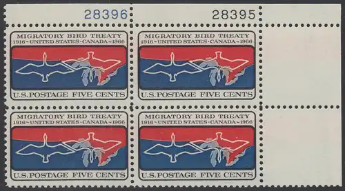 USA Michel 0897 / Scott 1306 postfrisch PLATEBLOCK ECKRAND oben rechts m/Platten-# 28395 - 50 Jahre Vertrag zwischen den USA und Kanada zum Schutz der Zugvögel