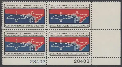 USA Michel 0897 / Scott 1306 postfrisch PLATEBLOCK ECKRAND unten rechts m/Platten-# 28408 - 50 Jahre Vertrag zwischen den USA und Kanada zum Schutz der Zugvögel