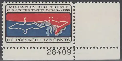 USA Michel 0897 / Scott 1306 postfrisch EINZELMARKE ECKRAND unten rechts m/Platten-# 28409 - 50 Jahre Vertrag zwischen den USA und Kanada zum Schutz der Zugvögel