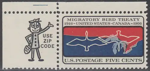 USA Michel 0897 / Scott 1306 postfrisch EINZELMARKE ECKRAND oben links m/ZIP-Emblem - 50 Jahre Vertrag zwischen den USA und Kanada zum Schutz der Zugvögel