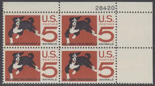 USA Michel 0898 / Scott 1307 postfrisch PLATEBLOCK ECKRAND oben rechts m/Platten-# 28420 - 100 Jahre amerikanischer Tierschutzverein; Hund