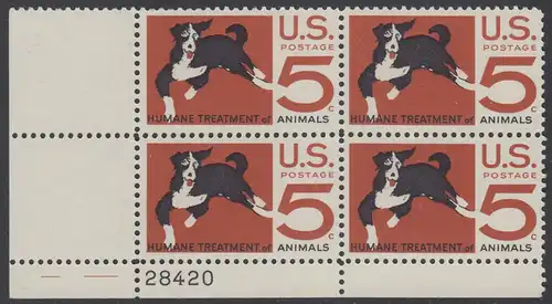 USA Michel 0898 / Scott 1307 postfrisch PLATEBLOCK ECKRAND unten links m/Platten-# 28420 - 100 Jahre amerikanischer Tierschutzverein; Hund