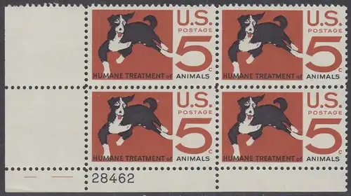 USA Michel 0898 / Scott 1307 postfrisch PLATEBLOCK ECKRAND unten links m/Platten-# 28462 - 100 Jahre amerikanischer Tierschutzverein; Hund