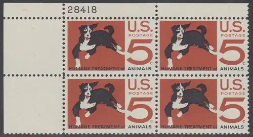 USA Michel 0898 / Scott 1307 postfrisch PLATEBLOCK ECKRAND oben links m/Platten-# 28418 - 100 Jahre amerikanischer Tierschutzverein; Hund