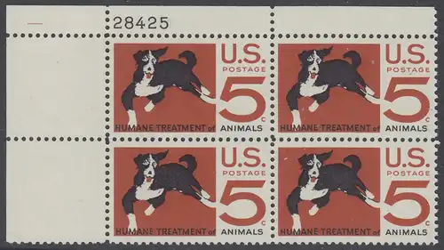 USA Michel 0898 / Scott 1307 postfrisch PLATEBLOCK ECKRAND oben links m/Platten-# 28425 - 100 Jahre amerikanischer Tierschutzverein; Hund
