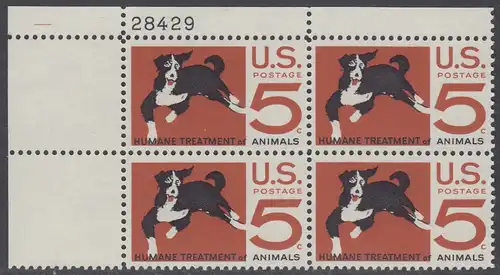 USA Michel 0898 / Scott 1307 postfrisch PLATEBLOCK ECKRAND oben links m/Platten-# 28429 - 100 Jahre amerikanischer Tierschutzverein; Hund