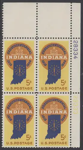 USA Michel 0899 / Scott 1308 postfrisch PLATEBLOCK ECKRAND oben rechts m/Platten-# 28334 - 150 Jahre Staat Indiana; Landkarte von Indiana, altes Regierungsgebäude in Corydon