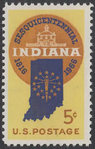 USA Michel 0899 / Scott 1308 postfrisch EINZELMARKE - 150 Jahre Staat Indiana; Landkarte von Indiana, altes Regierungsgebäude in Corydon