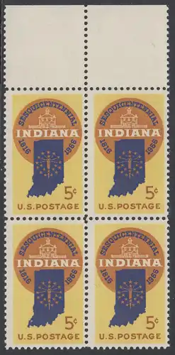 USA Michel 0899 / Scott 1308 postfrisch BLOCK RÄNDER oben (a1) - 150 Jahre Staat Indiana; Landkarte von Indiana, altes Regierungsgebäude in Corydon