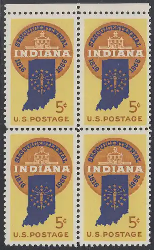 USA Michel 0899 / Scott 1308 postfrisch BLOCK RÄNDER oben (a2) - 150 Jahre Staat Indiana; Landkarte von Indiana, altes Regierungsgebäude in Corydon