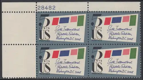 USA Michel 0901A / Scott 1310 postfrisch PLATEBLOCK ECKRAND oben links m/Platten-# 28482 (a) - 6. Internationale Briefmarkenausstellung SIPEX, Washington, DC
