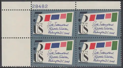 USA Michel 0901A / Scott 1310 postfrisch PLATEBLOCK ECKRAND oben links m/Platten-# 28482 (b) - 6. Internationale Briefmarkenausstellung SIPEX, Washington, DC