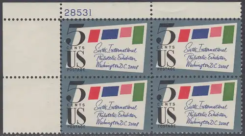 USA Michel 0901A / Scott 1310 postfrisch PLATEBLOCK ECKRAND oben links m/Platten-# 28531 - 6. Internationale Briefmarkenausstellung SIPEX, Washington, DC