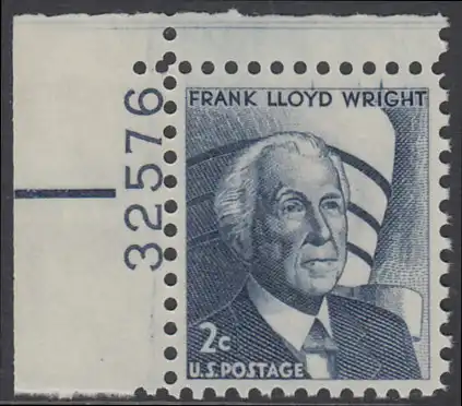 USA Michel 0902 / Scott 1280 postfrisch EINZELMARKE ECKRAND oben links m/ Platten-# 32576 - Berühmte Amerikaner: Frank Lloyd Wright, Architekt