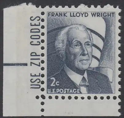 USA Michel 0902 / Scott 1280 postfrisch EINZELMARKE ECKRAND unten links m/ ZIP-Emblem - Berühmte Amerikaner: Frank Lloyd Wright, Architekt