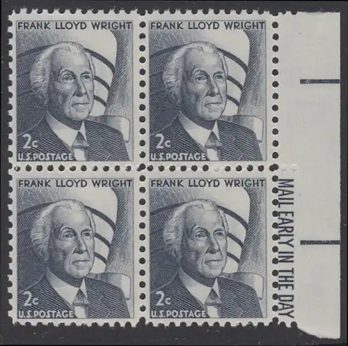 USA Michel 0902 / Scott 1280 postfrisch BLOCK RÄNDER rechts m/ Mail Early-Emblem - Berühmte Amerikaner: Frank Lloyd Wright, Architekt
