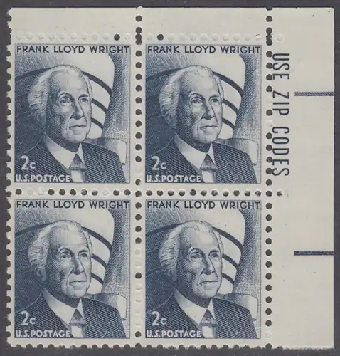 USA Michel 0902 / Scott 1280 postfrisch ZIP-BLOCK (ur) - Berühmte Amerikaner: Frank Lloyd Wright, Architekt