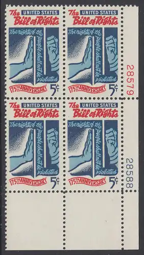 USA Michel 0903 / Scott 1312 postfrisch PLATEBLOCK ECKRAND unten rechts m/ Platten-#+ 28588 - 175 Jahre verbriefte Grundrechte in der „Bill of Rights“