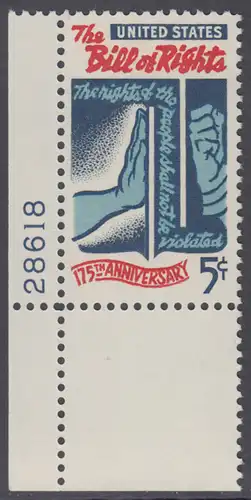 USA Michel 0903 / Scott 1312 postfrisch EINZELMARKE ECKRAND unten links m/ Platten-# 28618 - 175 Jahre verbriefte Grundrechte in der „Bill of Rights“