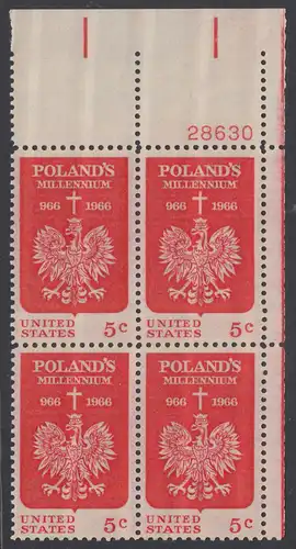 USA Michel 0904 / Scott 1313 postfrisch PLATEBLOCK ECKRAND oben rechts m/ Platten-# 28630 (a)  - 1000 Jahre Polen; Kreuz über polnischem Adler 