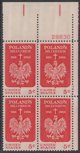 USA Michel 0904 / Scott 1313 postfrisch PLATEBLOCK ECKRAND oben rechts m/ Platten-# 28630 (b)  - 1000 Jahre Polen; Kreuz über polnischem Adler 